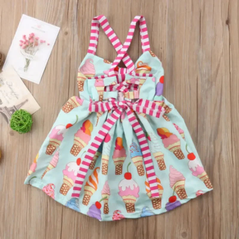 Ice-cream Printed Kids/Baby Girls Backless Strap Dress