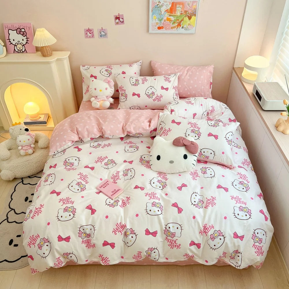 Hello Kitty Cartoon Design Duvet Cover Bedding Set for Kids&