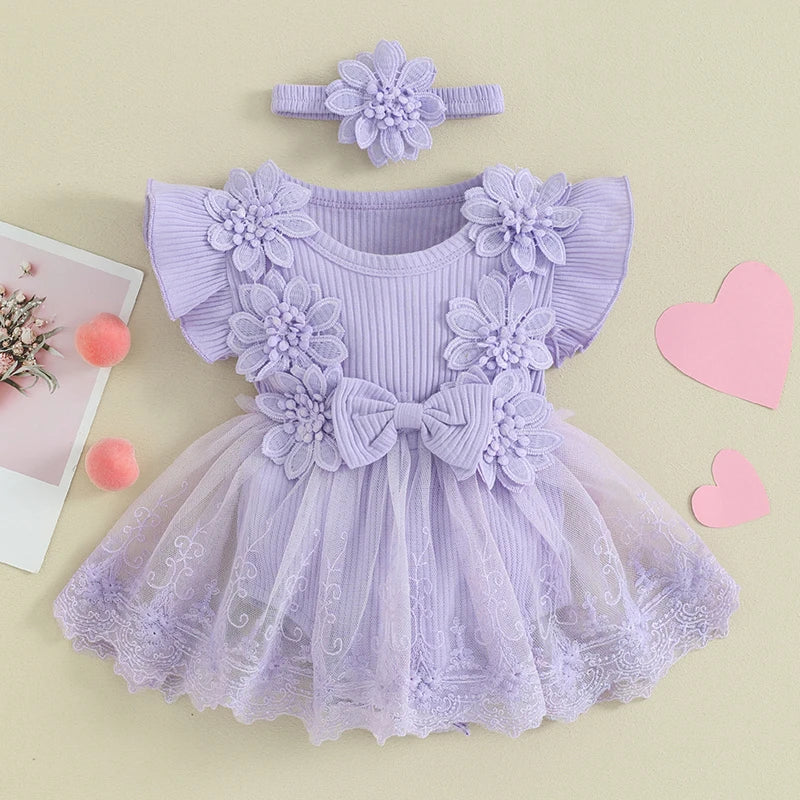 Newborn Girls Patchwork Ruffle Rompers Dress with Headband childrensterritory