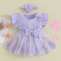 Newborn Girls Patchwork Ruffle Rompers Dress with Headband childrensterritory