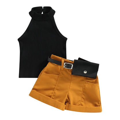 Little Girl Three-Piece Sleeveless Top + Belted Short Pants Outfit childrensterritory