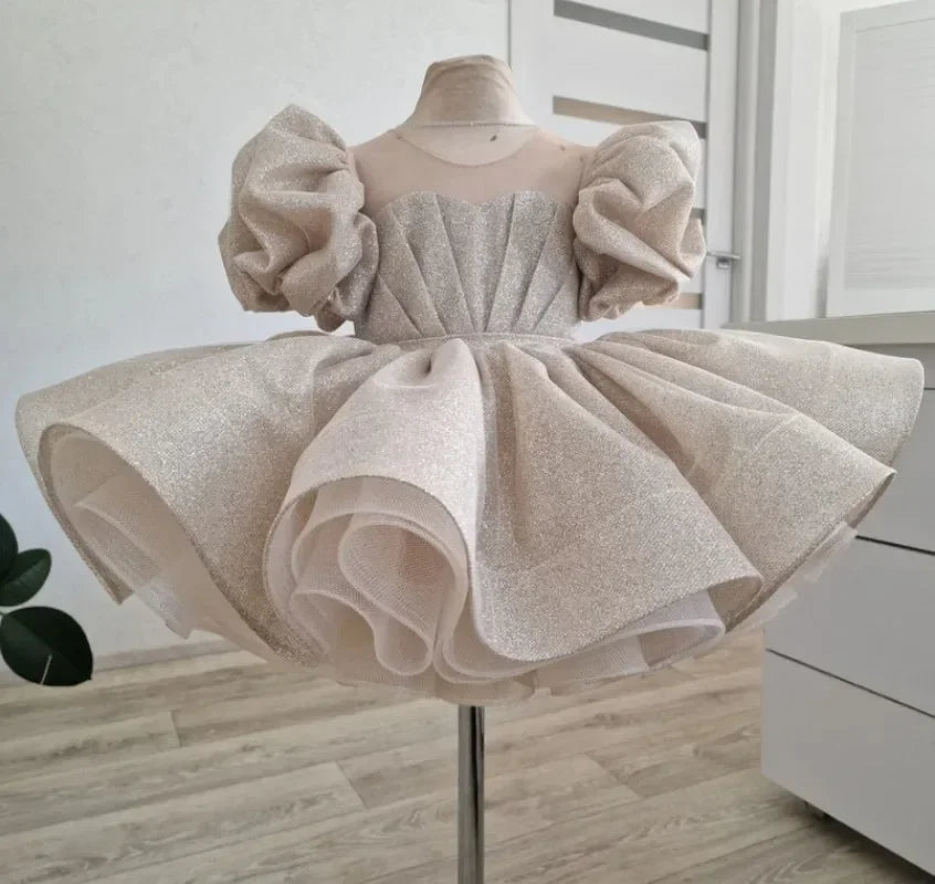 Kids Girl Shiny Puff First Communion Ruffle Dresses With Bow