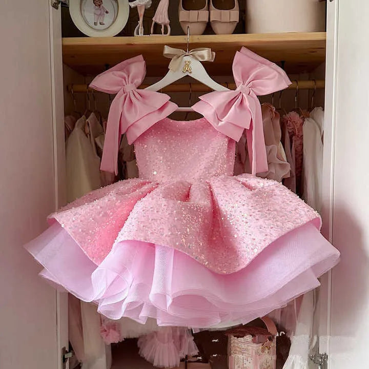 Baby/Kid Girls Light Pink Sparkly First Birthday Dress With Pearls