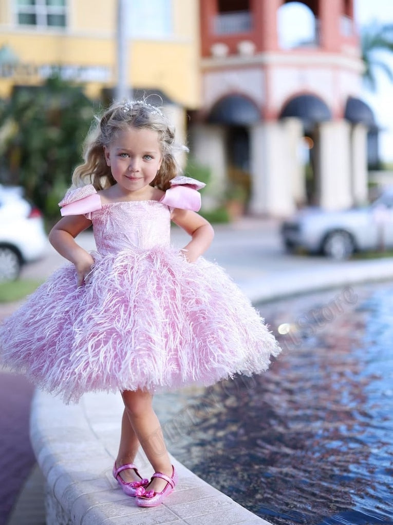 Kids Girls Pink Or Red Flower Dresses With Feathers for Birthday childrensterritory