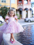 Kids Girls Pink Or Red Flower Dresses With Feathers for Birthday childrensterritory