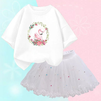 Kids Girls Flamingo T-Shirt &amp; Mesh Skirt Pretty Outfits childrensterritory
