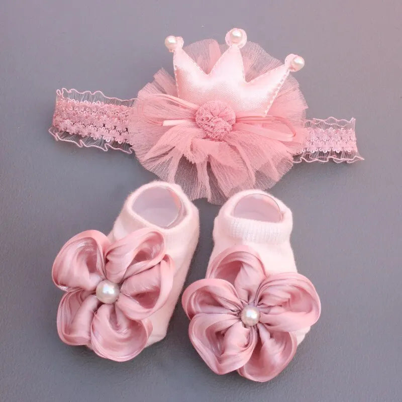 Lace Bows Design 2 Pcs/Set Crown Baby Headband Socks Set