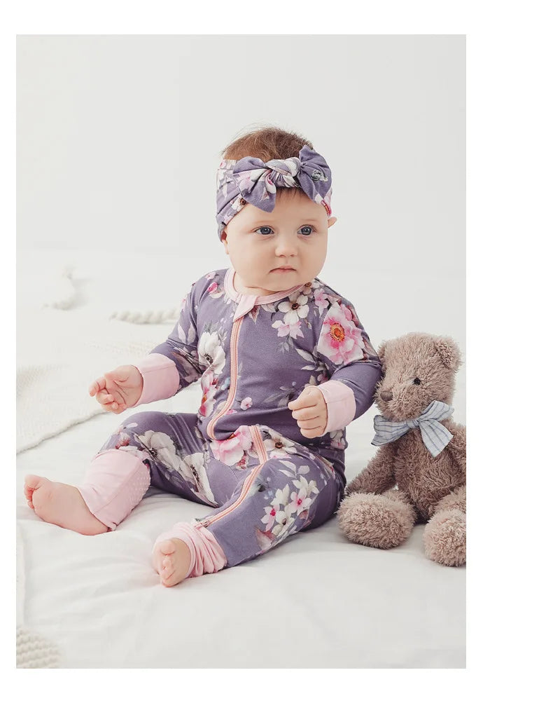 Baby Printed Bamboo Fiber Long Sleeve Zipper Sleepwear