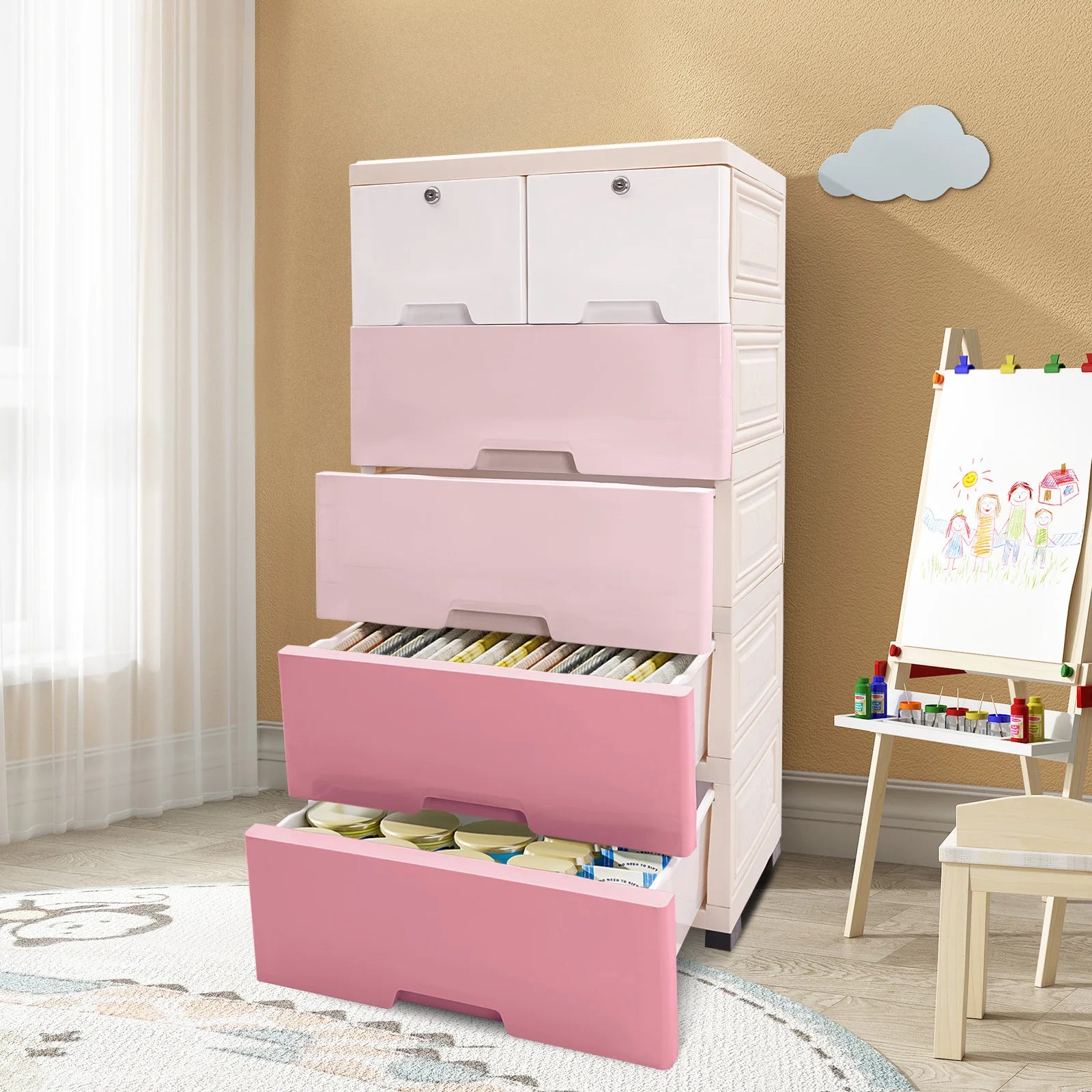Modern Gradient Pink Design Plastic Storage Cabinet W/ 6 Drawers childrensterritory