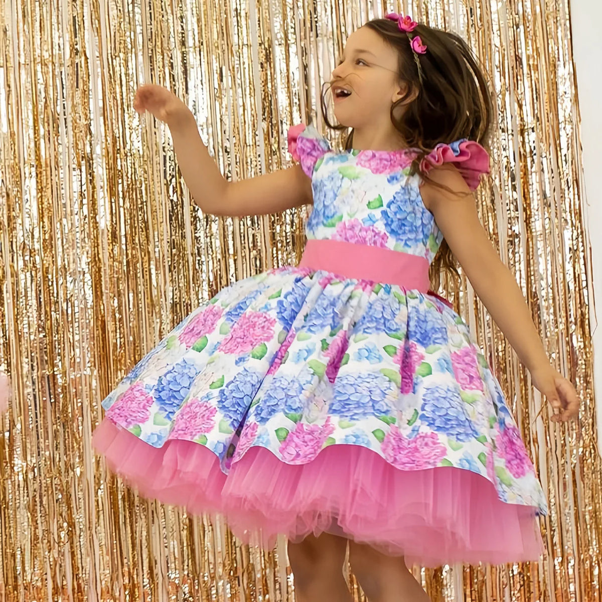 Kids Girls Floral Print Princess Dress With Bow Headband childrensterritory