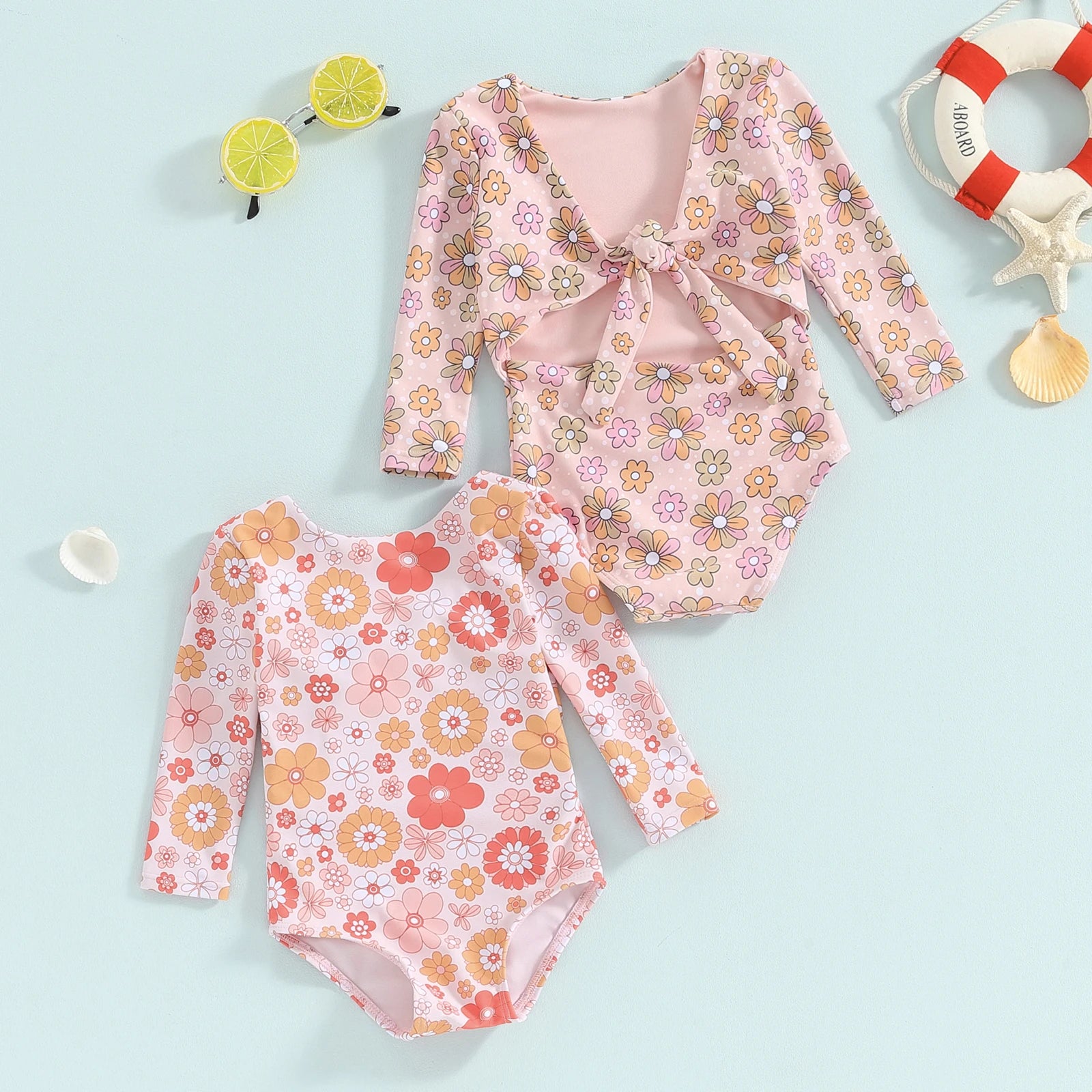 Little Girls Flower Print Long Sleeve Backless Tie-Up Swimsuit