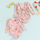 Little Girls Flower Print Long Sleeve Backless Tie-Up Swimsuit