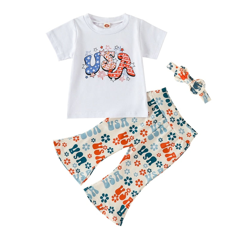 USA Print Tops and Floral Pants Set for Little Girls&