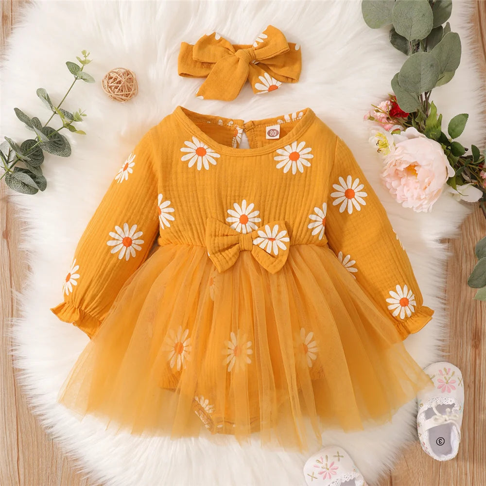 Baby Girl Flowers Print Tulle Bodysuit with Headband childrensterritory
