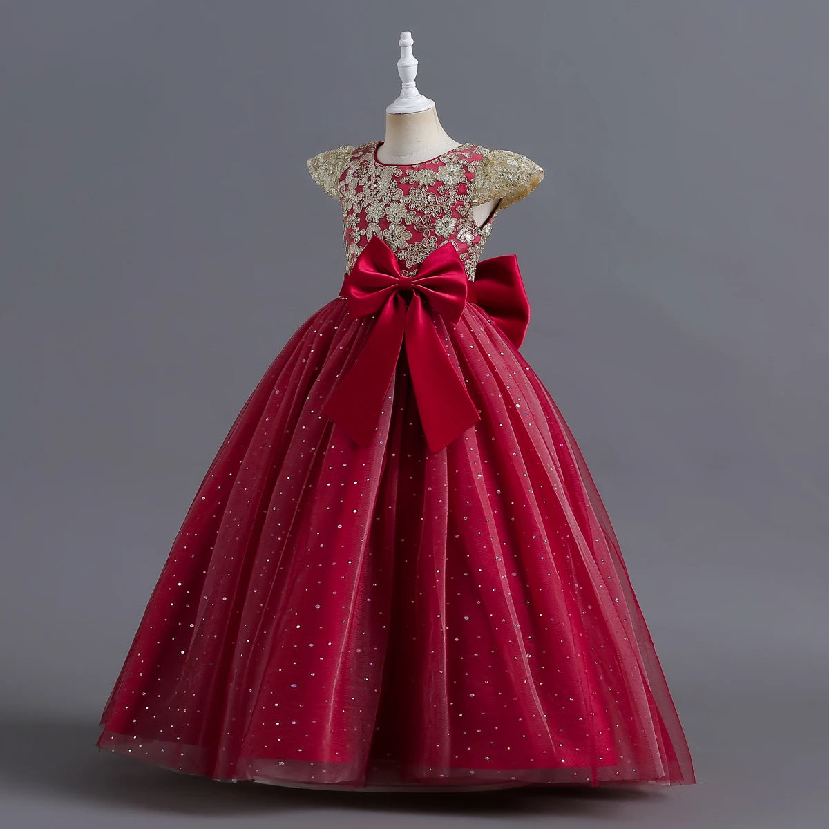 Girls' Embroidery Bow Lace Design Long Party Dresses