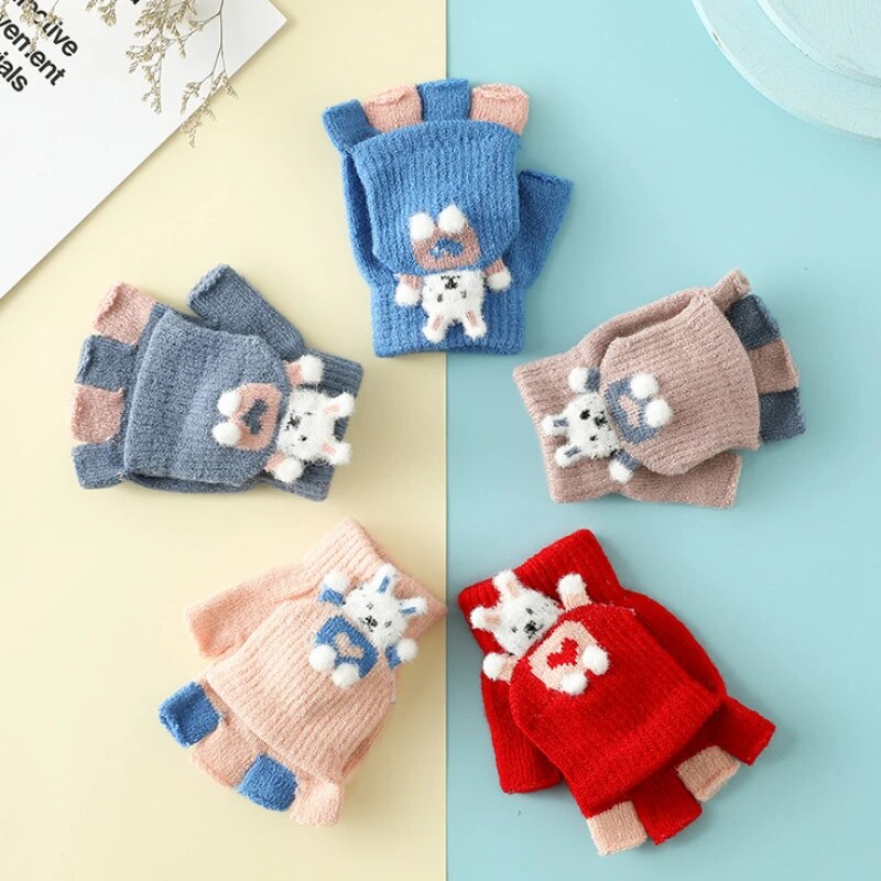 Cartoon Bunny Warm Half Finger Flip Gloves for Kids childrensterritory