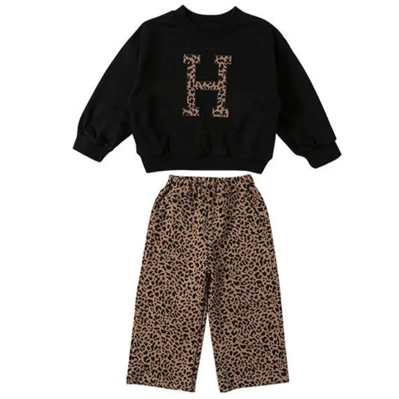 Kids Girls Leopard Letter Printed 2pcs Suit Set childrensterritory