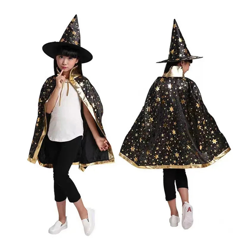Kids Black Purple Red Carnival Cloak with Witch Hat