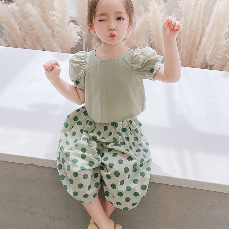 Kids Girls Backless Short Sleeve Top + Loose Cropped Pants Set childrensterritory