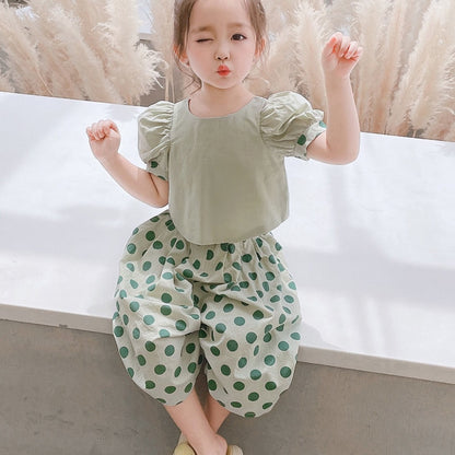 Kids Girls Backless Short Sleeve Top + Loose Cropped Pants Set childrensterritory