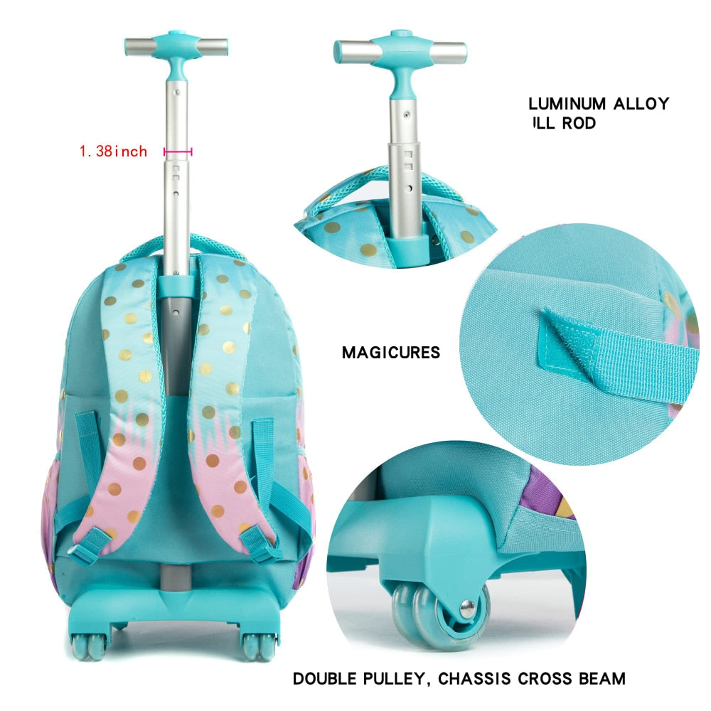 Kids Girls Eiffel Tower Sequins 3Pcs Wheeled School Backpack Set childrensterritory