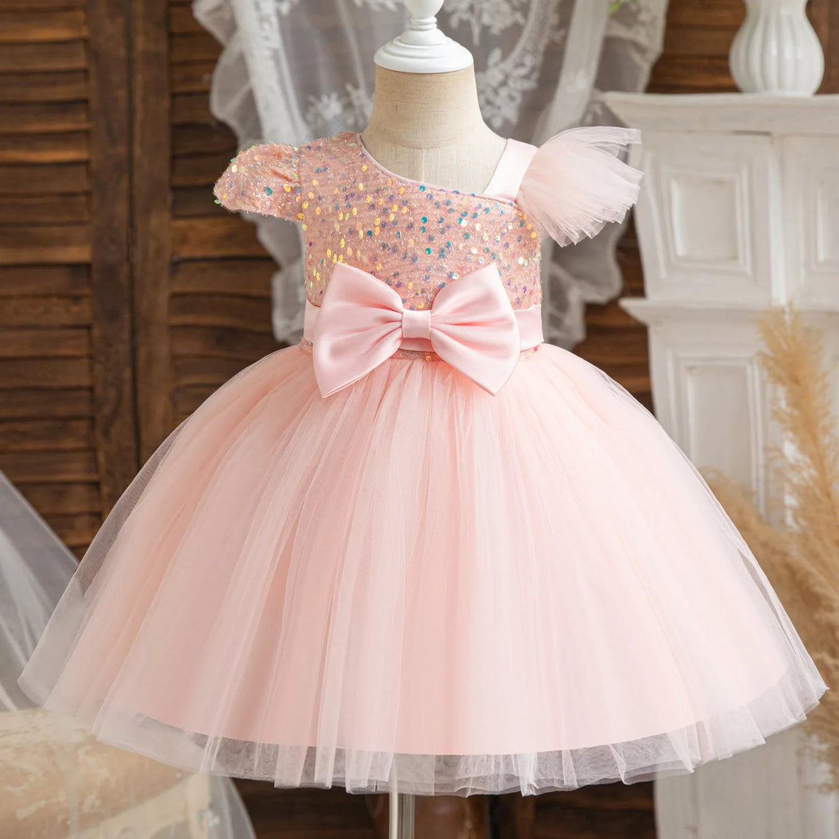 Baby Girls Sequins Fly Sleeves Tutu Wedding Party Princess Outfits