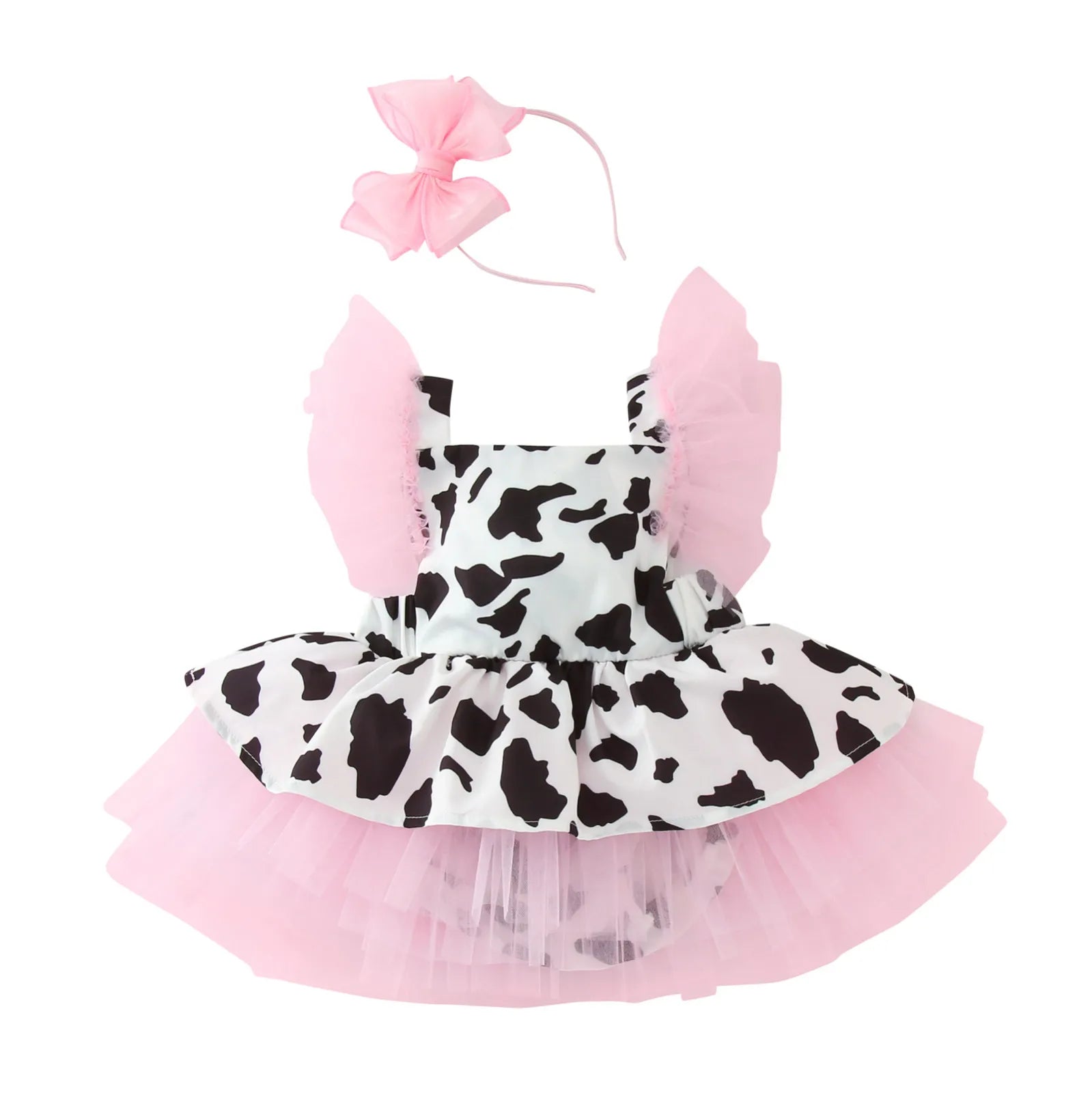Baby Girls Cow Print Tulle Romper Dress and Headband Set