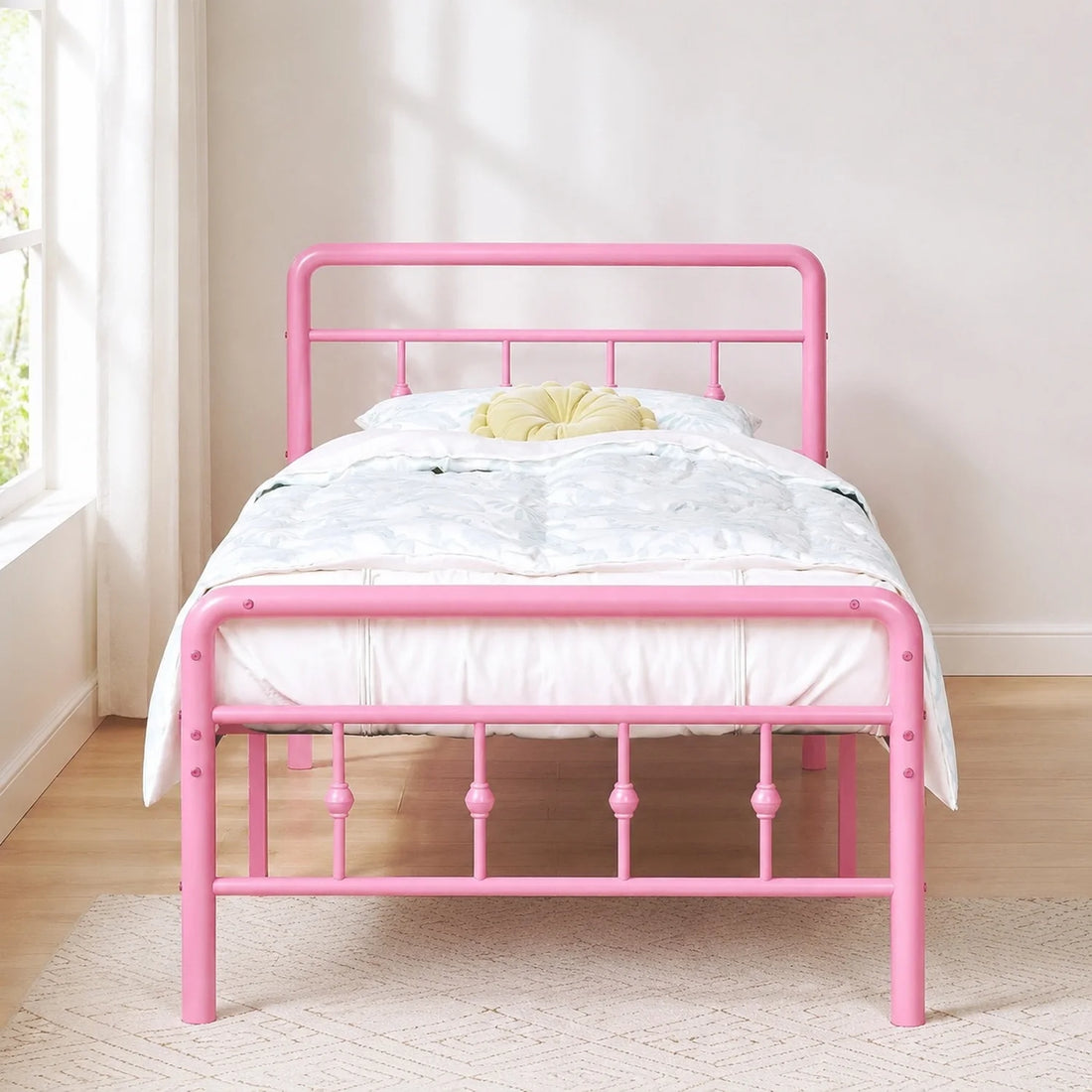 Twin Size Pink Metal Bed Frame with Headboard