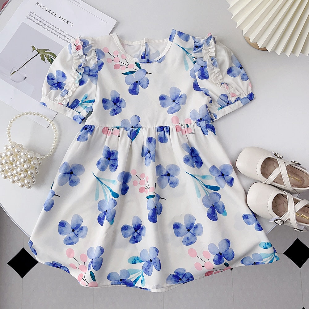 Purple Flowers Pattern with Bubble Sleeve Kids Girl Princess Dress childrensterritory