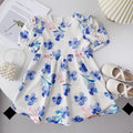Purple Flowers Pattern with Bubble Sleeve Kids Girl Princess Dress childrensterritory