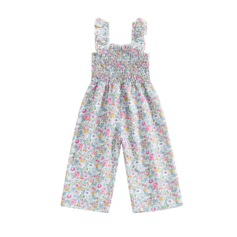 Little Girls Lovely Floral Print Wide Leg Summer Jumpsuit childrensterritory