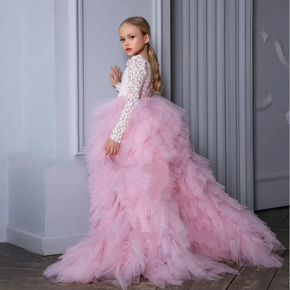 Tiered Tulle Little Princess Party Dress with Detachable Train childrensterritory