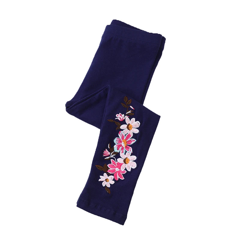 Flowers Embroidered Cotton Leggings For Girls