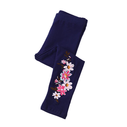 Flowers Embroidered Cotton Leggings For Girls