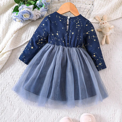 Baby Girl Stars Print Long Sleeve Mesh Princess Dress childrensterritory
