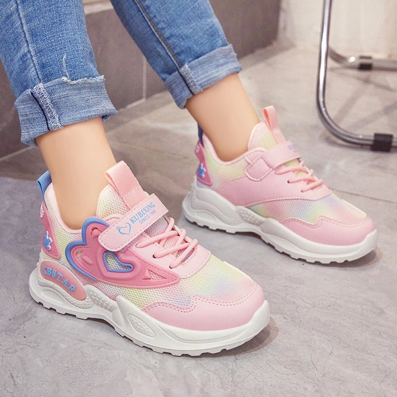 Heart-shaped Breathable Mesh Kids Girls Pink Sports Shoes