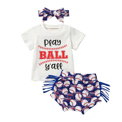 Baby Girl Letter &amp; Baseball Print Top and Tassel Shorts Set childrensterritory