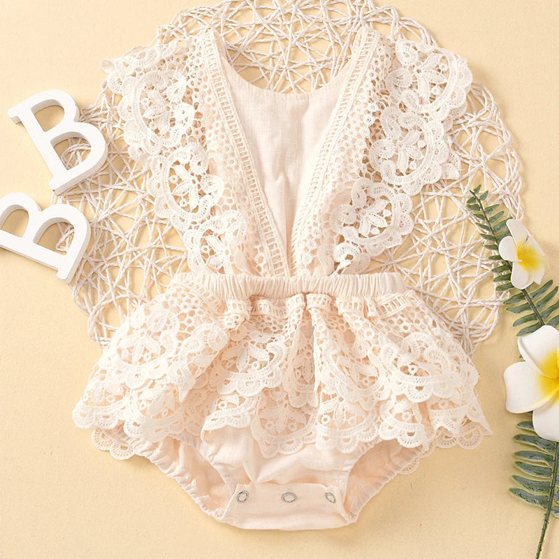 Baby Girls Cute Flower Lace Design Sleeveless Rompers