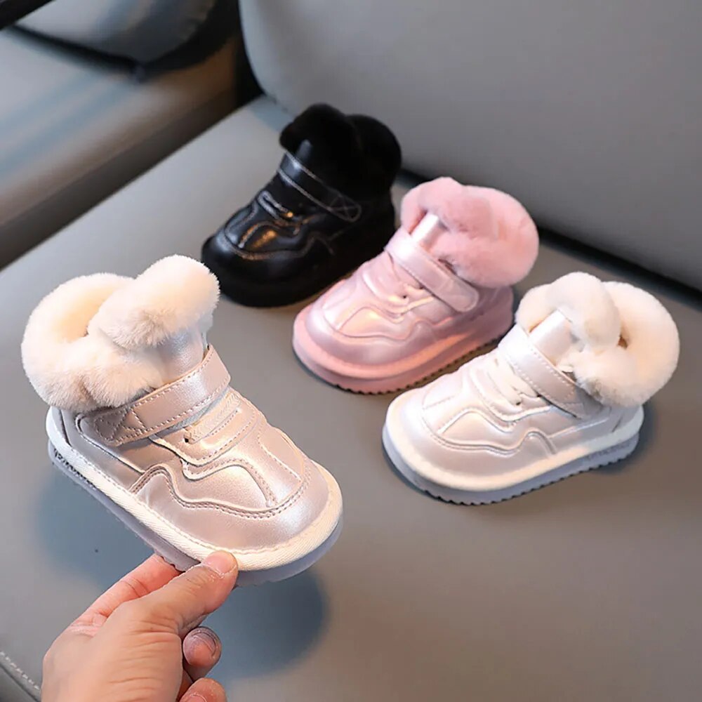 Kids Girls PU Leather Plush Warm Soft-soled Winter Shoes childrensterritory