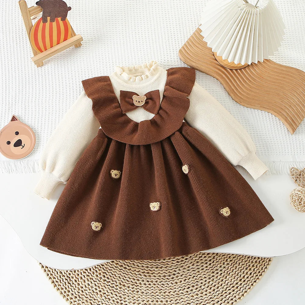 Girls’ Elegant Bow Design Long-Sleeve Warm Dresses childrensterritory