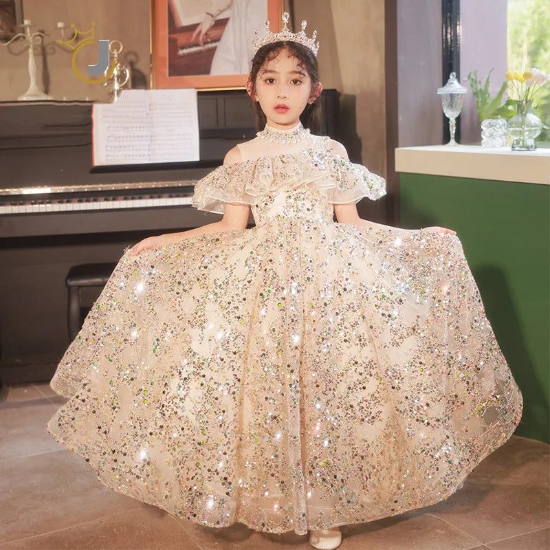 Kids Girls Fluffy Gauze Sequins Gown Evening Princess Dress childrensterritory