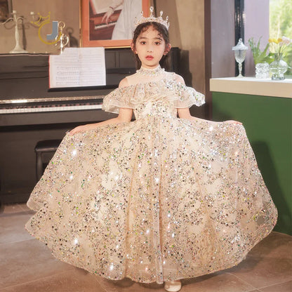 Kids Girls Fluffy Gauze Sequins Gown Evening Princess Dress childrensterritory