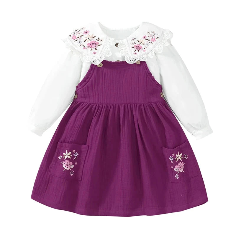 Floral Embroidery Shirt with Dress 2pcs Set for Little Girls childrensterritory