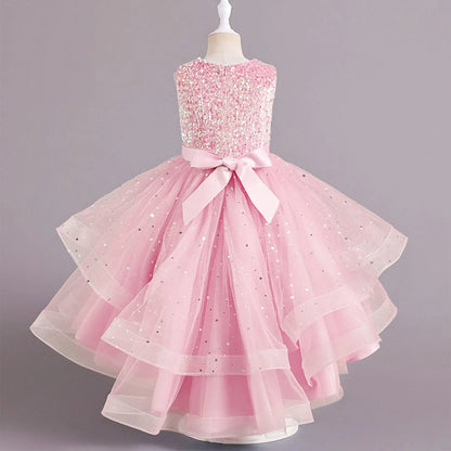 Sleeveless Sequins Design Kids Girls Party Trailing Dresses