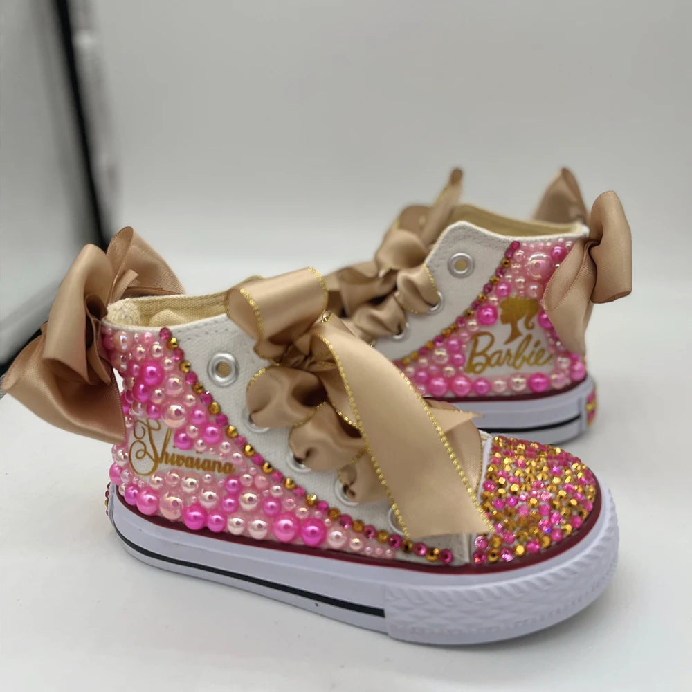 Kids Girls Pink Sparkle Gold Rhinestones Canvas Sneakers