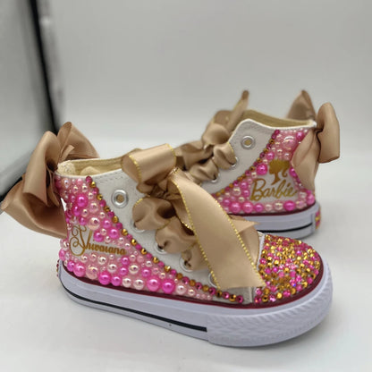 Kids Girls Pink Sparkle Gold Rhinestones Canvas Sneakers