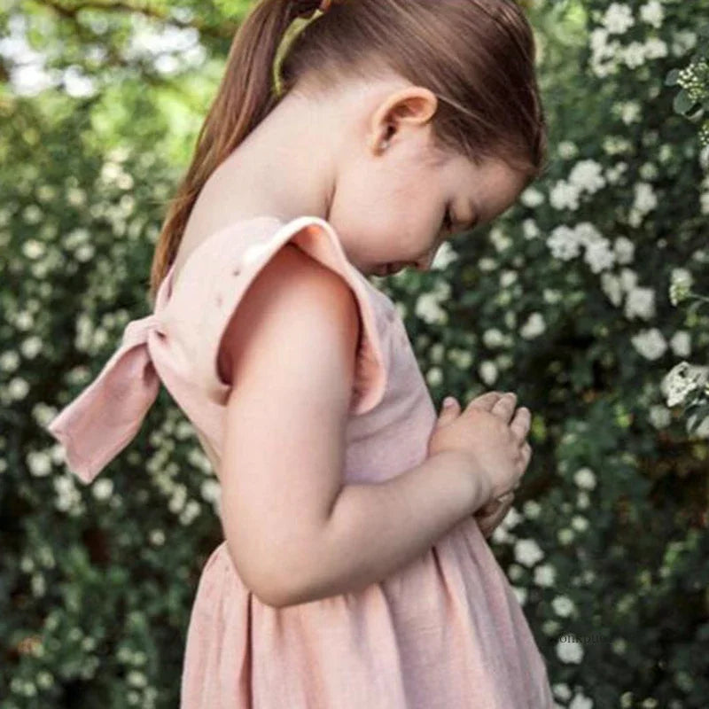 Bow Design Cotton Linen Dress For Toddler Girls childrensterritory