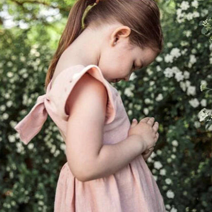 Bow Design Cotton Linen Dress For Toddler Girls childrensterritory