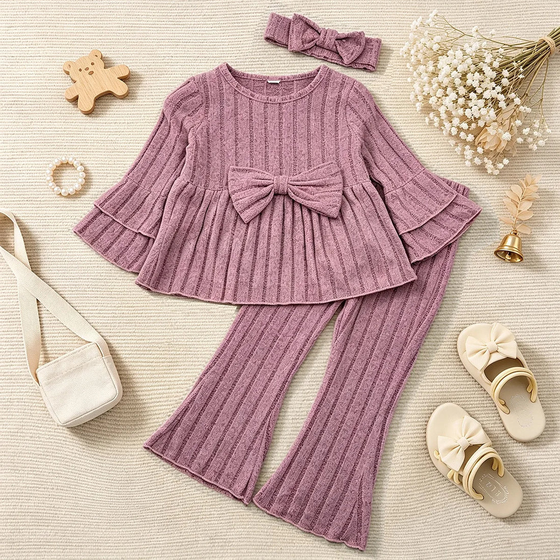 Little Girls Pleated Hem Top  and Pants Set with Bow Decoration