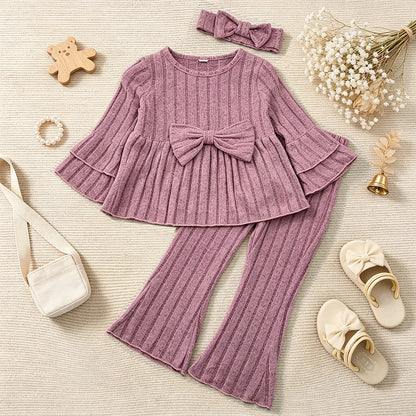 Little Girls Pleated Hem Top  and Pants Set with Bow Decoration